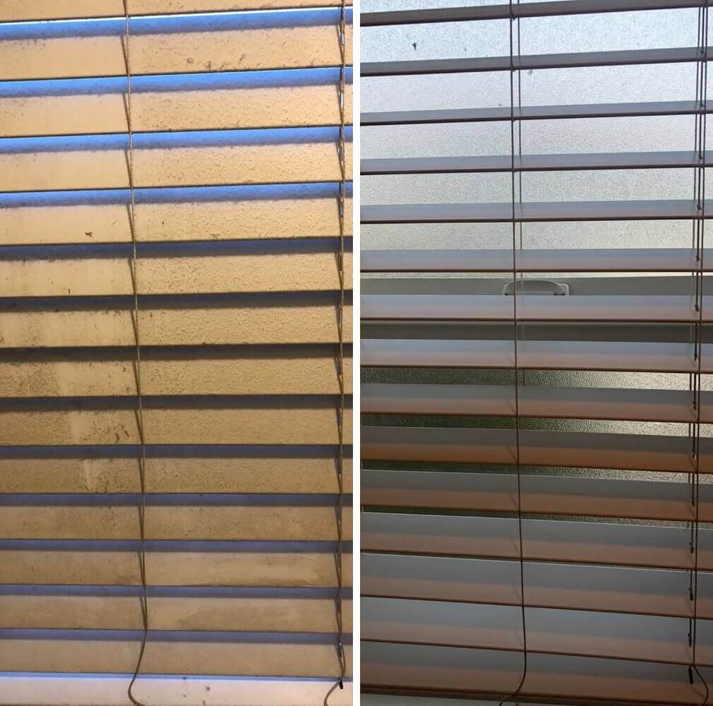 Window blinds thick with dust before and clean after a top-to-bottom cleaning