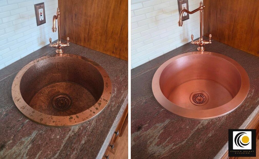 Copper bar sink dulled with tarnish before and polished bright after a cleaning