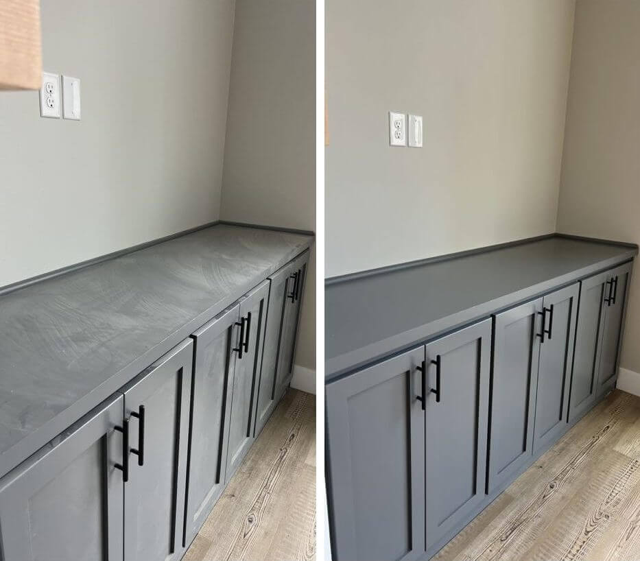 Countertop and cabinets covered in dust before and clean after a regular cleaning