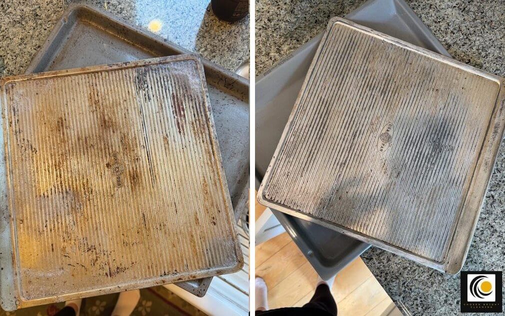 Baking sheet with baked-on grease before and scrubbed clean after a move in/out cleaning