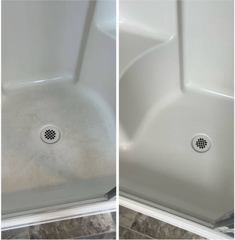 Shower pan with soap scum around the drain before and bright white after a regular cleaning