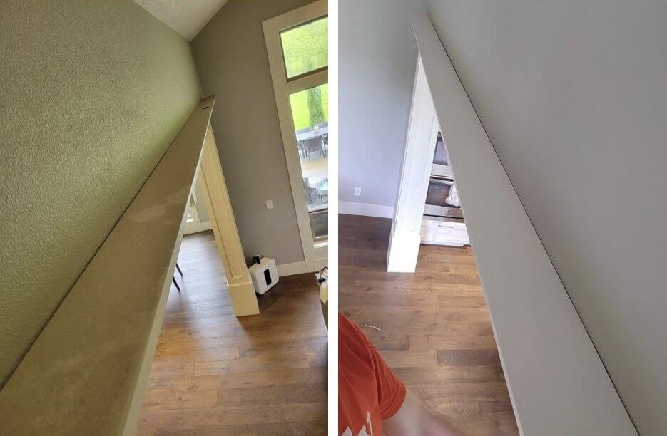Half-wall ledge with dust before and wiped clean after a top-to-bottom cleaning