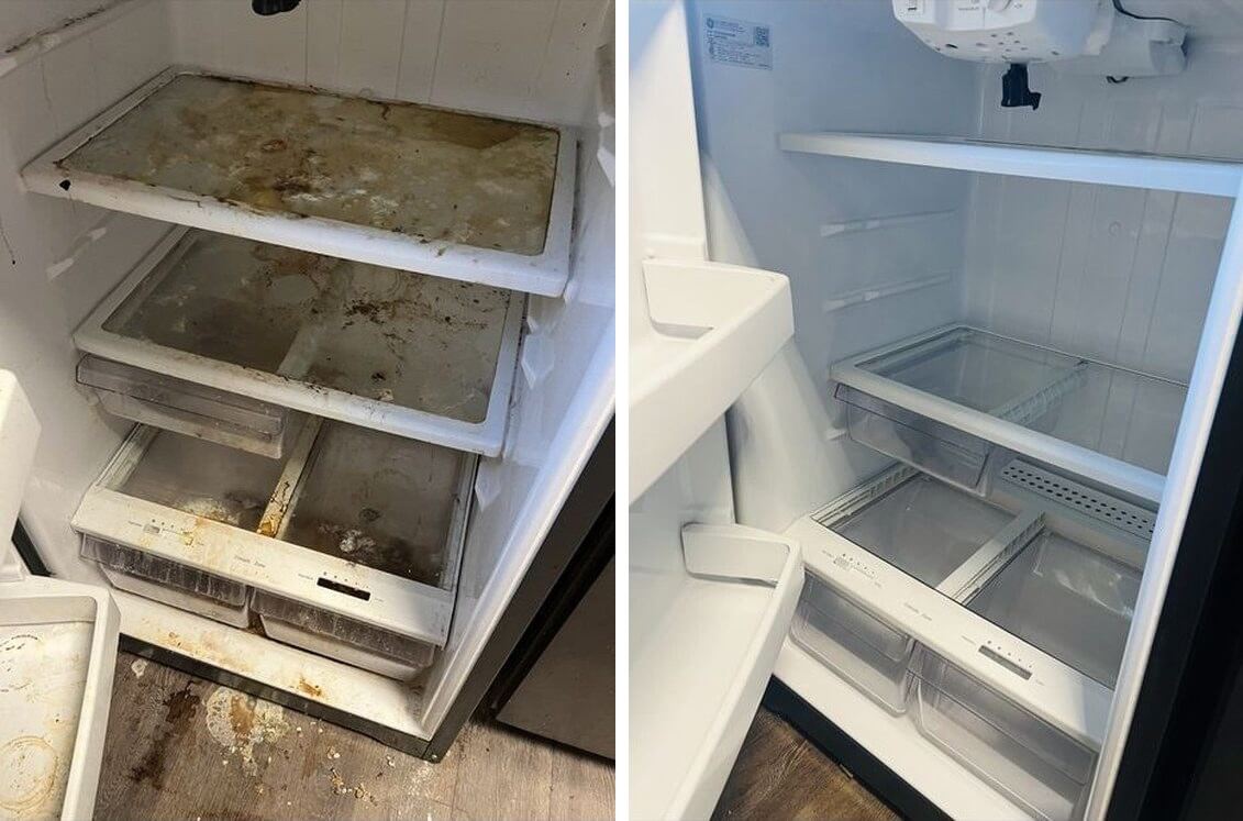 Refrigerator shelves and drawers with spills and residue before and spotless after a move in/out cleaning