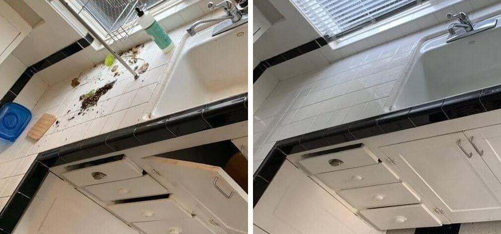 Kitchen counter and sink covered in debris before and spotless after a move in/out cleaning