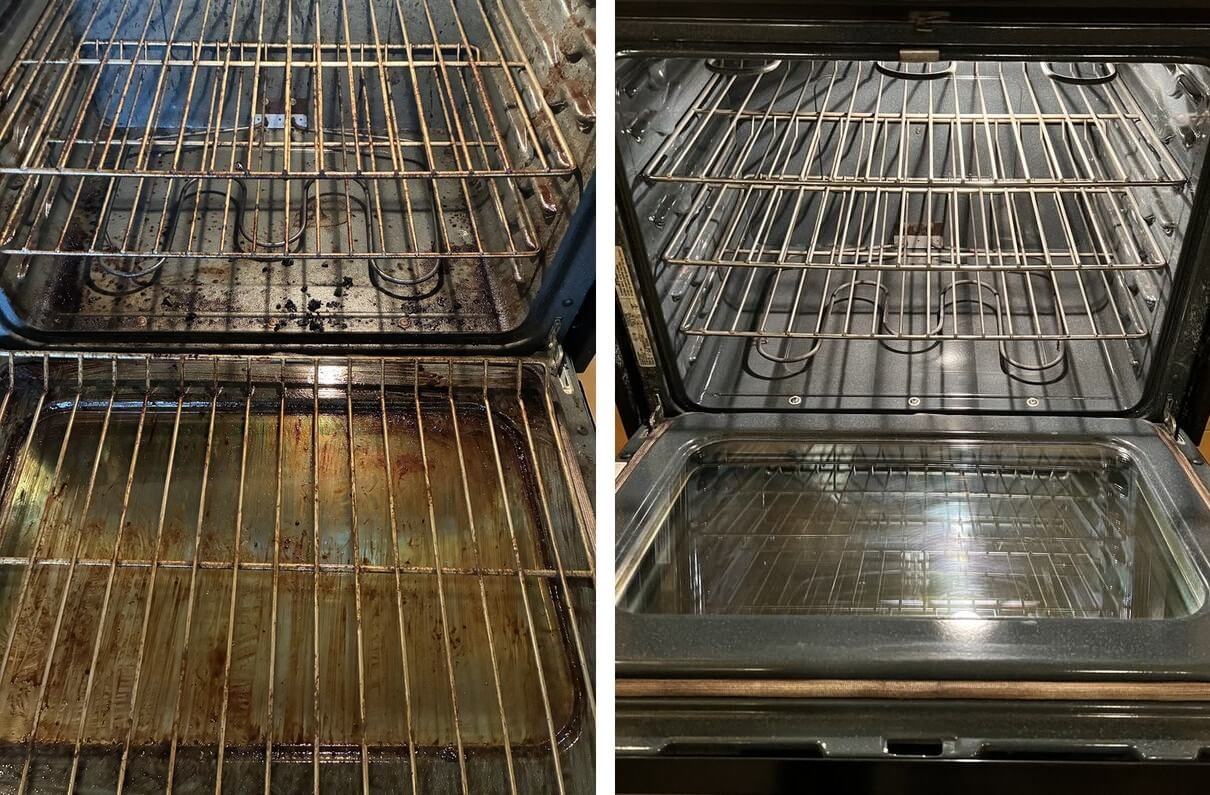 Oven interior caked with baked-on grease before and spotless after a cleaning