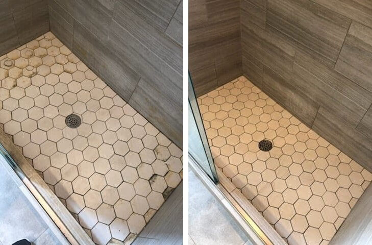 Hexagon tile shower floor with grime in the grout before and clean after a regular cleaning
