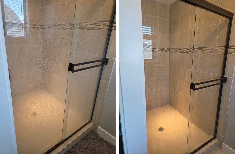 Glass shower with water spots and residue before and sparkling after a cleaning
