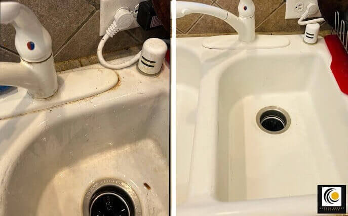 Kitchen sink stained around the basin before and bright white after a regular cleaning