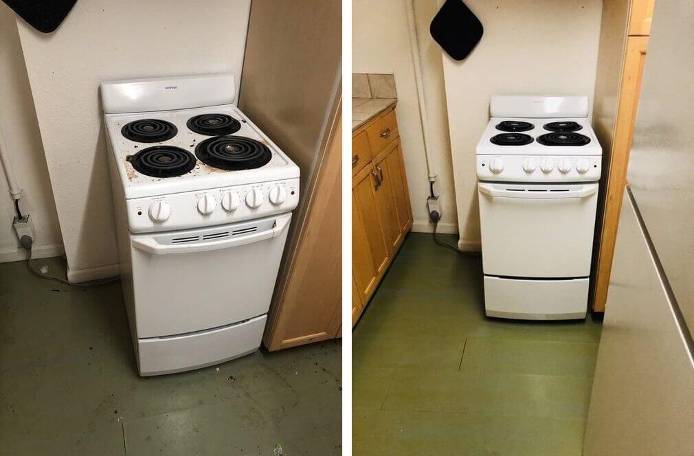 Electric stove with dirty burners and floor before and clean after a move in/out cleaning