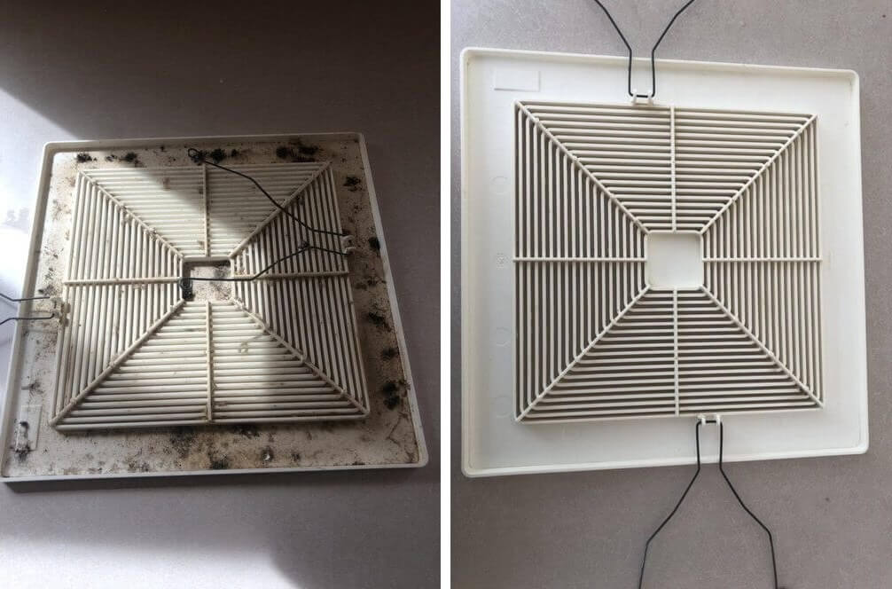Bathroom exhaust fan cover caked with dust and debris before and clean after a cleaning