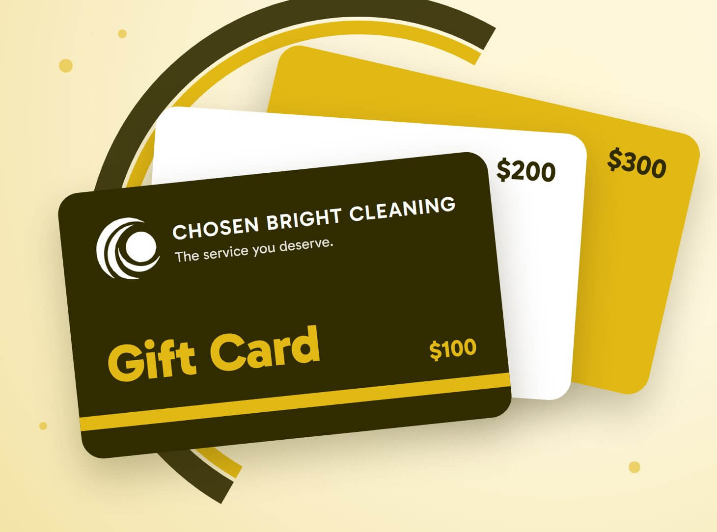 Chosen Bright Cleaning gift cards with logo and tagline, The service you deserve