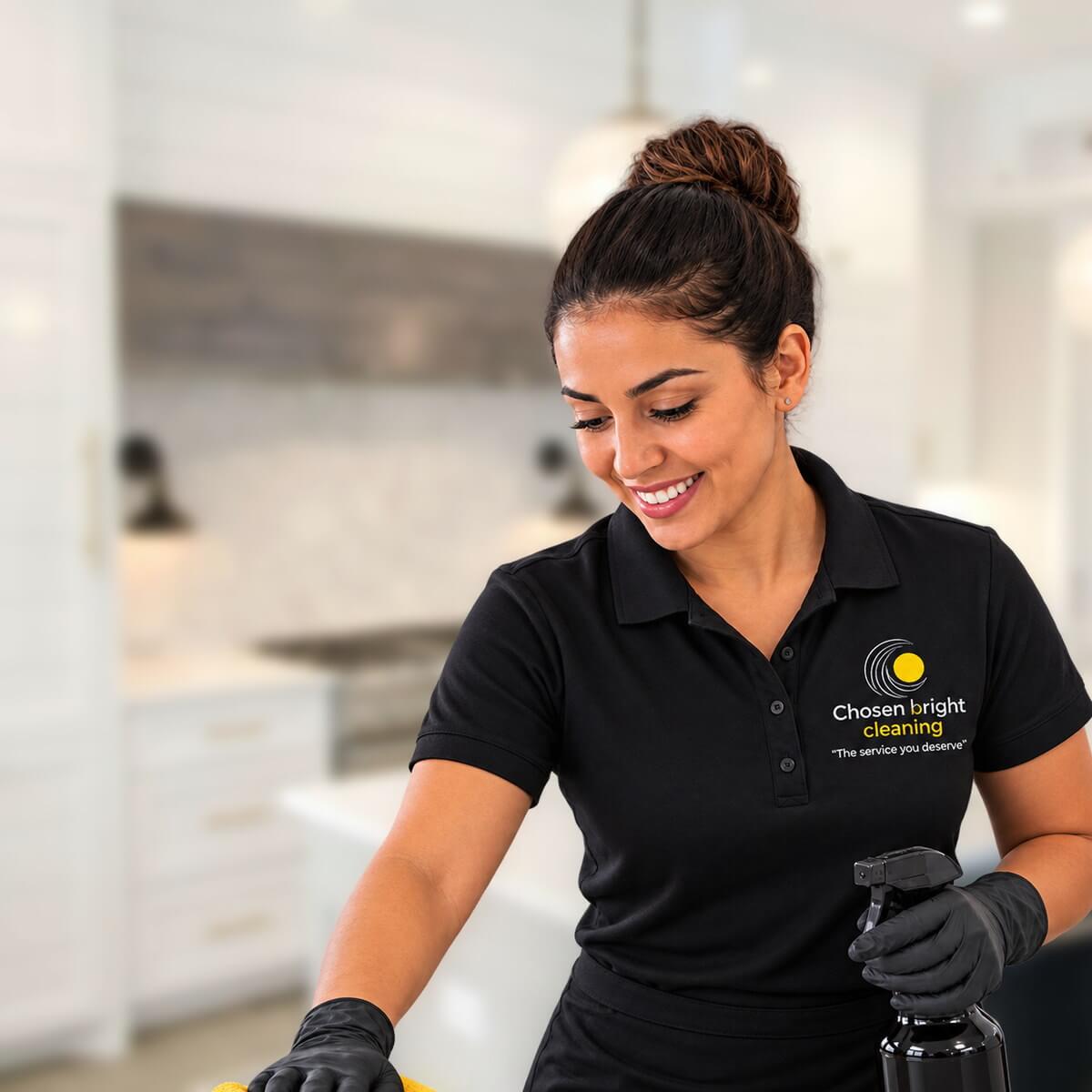Chosen Bright Cleaning technician wiping down a bright, clean home